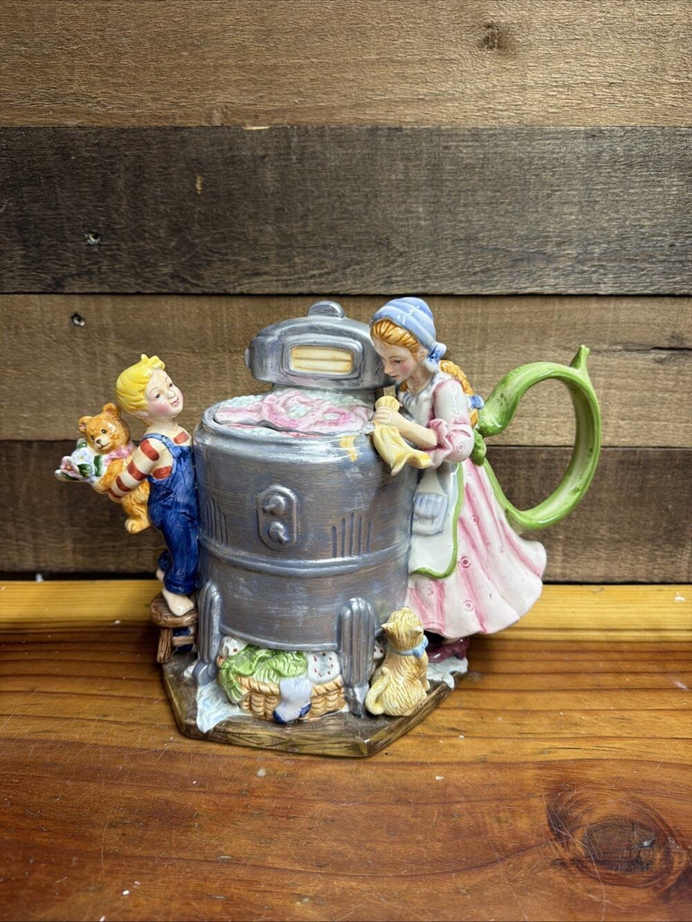 Vintage Ceramic Teapot Old Fashioned Ringer Washer Mom and Son -flaw